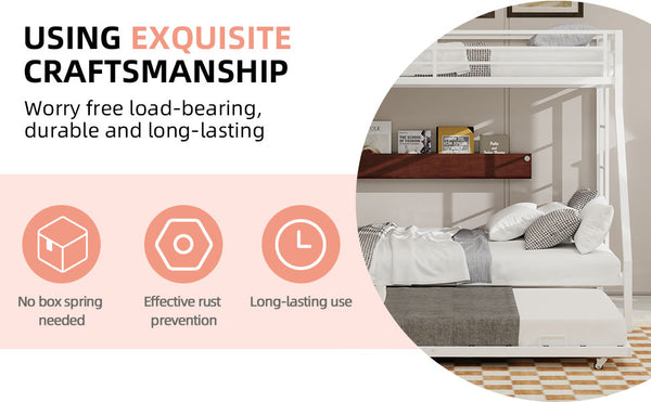 English Elm High Stability Square Tube Bunk Bed With Trundle & Ladder - Modern Design For Home & Dorms! W1935P360891