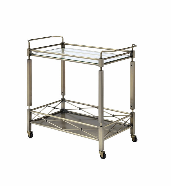 English Elm Matiesen Antique Gold Metal Bar Cart with Tempered Glass Top and Rolling Casters B2726P457128