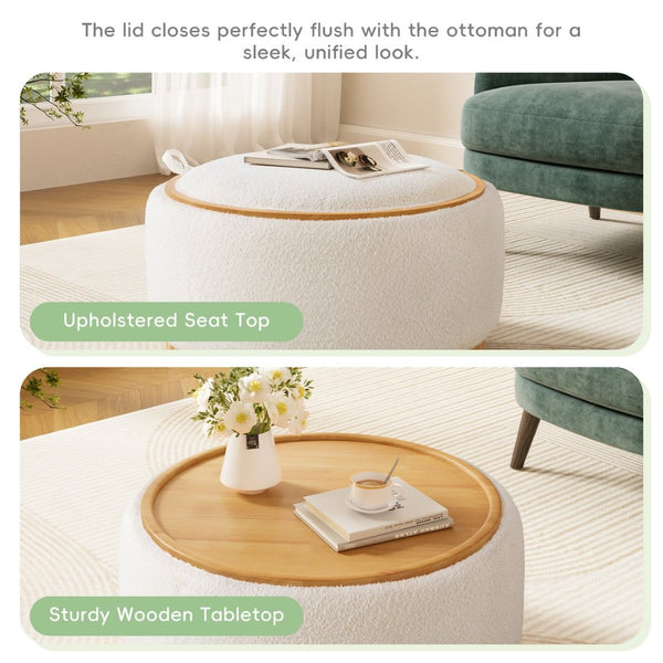 English Elm 29" Round Boucle Storage Ottoman Sculptural Wood Base Reversible Lid Living Room Beige N723P405304A