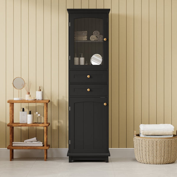 English Elm 63" Tall Bathroom Vanity Cabinet with Glass Doors, Two Drawers and Adjustable Shelves for Stylish Storage Black N729P171305B