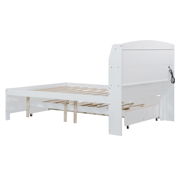 English Elm Full Size Wooden Led Platform Bed With Trundle, Storage Headboard, Usb Ports, And Drawers In White N820S10009K