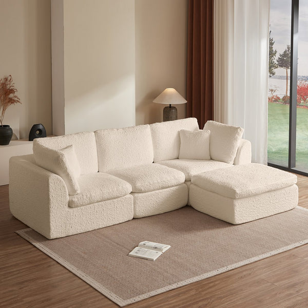 English Elm 110" Cloud Sectional Sofa Modular L-Shape with Ottoman, Chenille Fabric, Deep Seats, 7 Pillows Included Beige W1359S00014