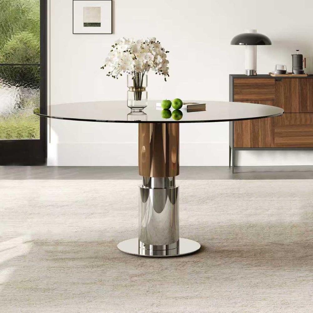 English Elm 35-inch Tempered Glass Round Dining Table Steel Base Seats Four Apartment Bistro W509S00161