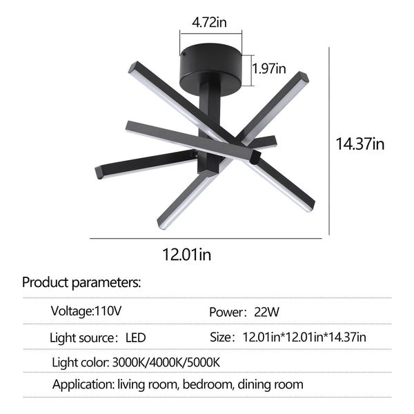 English Elm 12 Inch Modern Led Ceiling Light - Geometric Starburst Design With Dimmable Remote & Adjustable Color Temperature W2312P374769