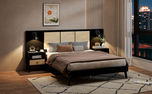 English Elm Queen Solid Wood Bed Frame With 2 Nightstands, Rattan Accents, Built-In Lamps For Cozy Bedrooms N820S00019AAB-GIGA