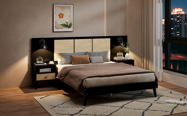 English Elm Queen Solid Wood Bed Frame With 2 Nightstands, Rattan Accents, Built-In Lamps For Cozy Bedrooms N820S00019AAB-GIGA