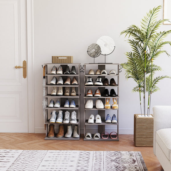 English Elm Shoe 7-Tier Vertical Shoe Rack with Hooks - Rustic Gray Organizer for 12-14 Pairs, Space-Saving Entryway W3151P346291