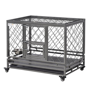 English Elm Pawhut Steel Dog Kennel with Lockable Wheels Slide Out Tray and Dual Entry Doors W2225P217160
