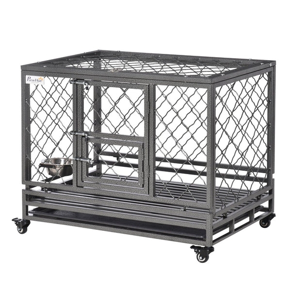 English Elm Pawhut Steel Dog Kennel with Lockable Wheels Slide Out Tray and Dual Entry Doors W2225P217160