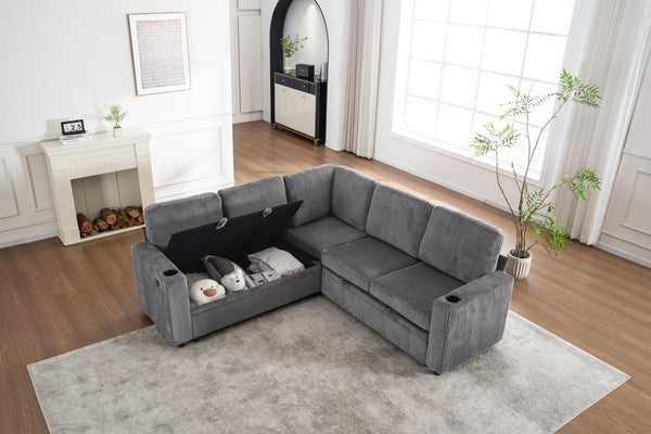 English Elm Sectional Corduroy Sleeper Sofa with Storage and Charging Ports for Small Spaces Grey W1361S00077