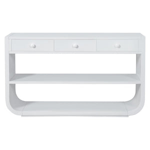 English Elm [video] Sculptural Console Table Pine Wood Curved Legs Soft-close Drawers Open Shelving Entryway White N759P433560K