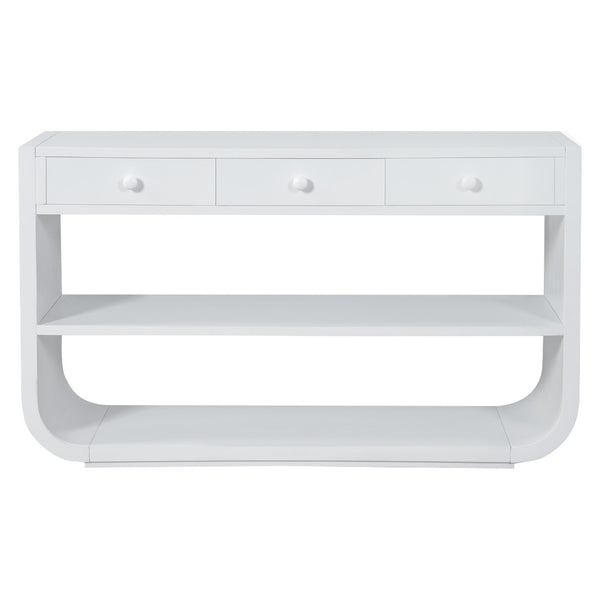 English Elm [video] Sculptural Console Table Pine Wood Curved Legs Soft-close Drawers Open Shelving Entryway White N759P433560K