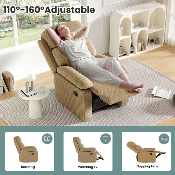 English Elm Small Recliner Chair with Padded Cushioning and Acacia Wood Frame, Easy Assembly, 330lb Capacity Camel T3623P408675