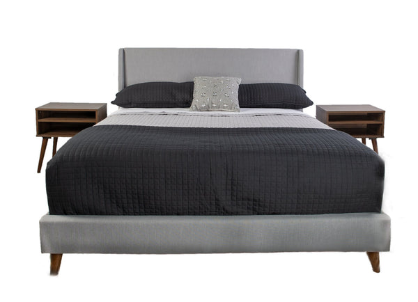 English Elm Queen Light Gray Upholstered Bed with 2 Light Walnut Nightstands — Queen Size, 100% Polyester, Modern Elegance B2699S00074
