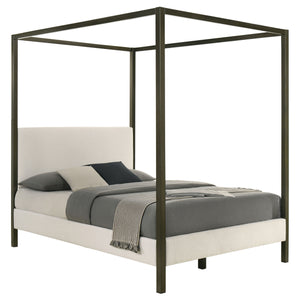 English Elm Mellie Queen Canopy Bed in Vanilla Upholstery with Bronze Four-Post Frame, Padded Headboard & Slats B062S00618