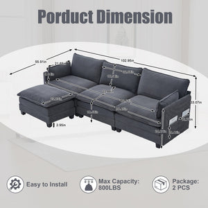 English Elm United We Win Modular Corduroy Sectional with Ottoman Low Profile Living Room Couch Gray W1568S00255