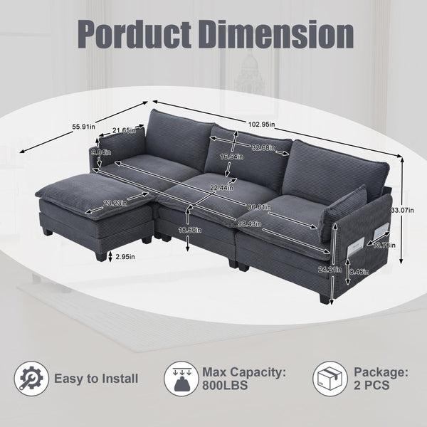 English Elm United We Win Modular Corduroy Sectional with Ottoman Low Profile Living Room Couch Gray W1568S00255