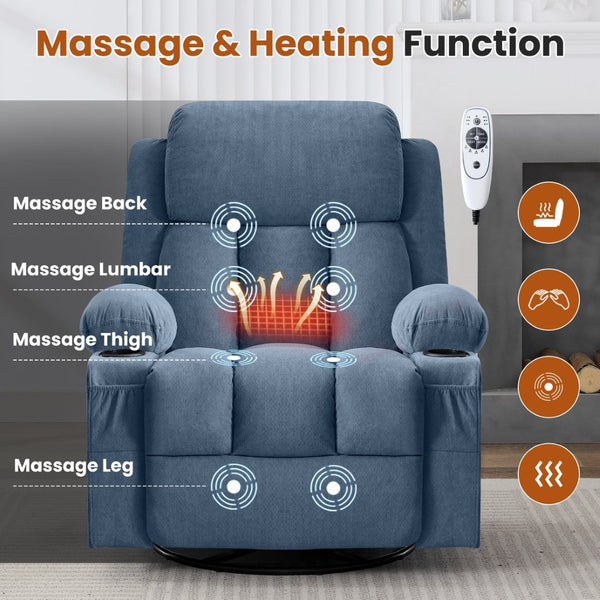 English Elm Swivel Rocker Recliner with Massage Heat and Usb Port for Living Room Comfort W1521P429648