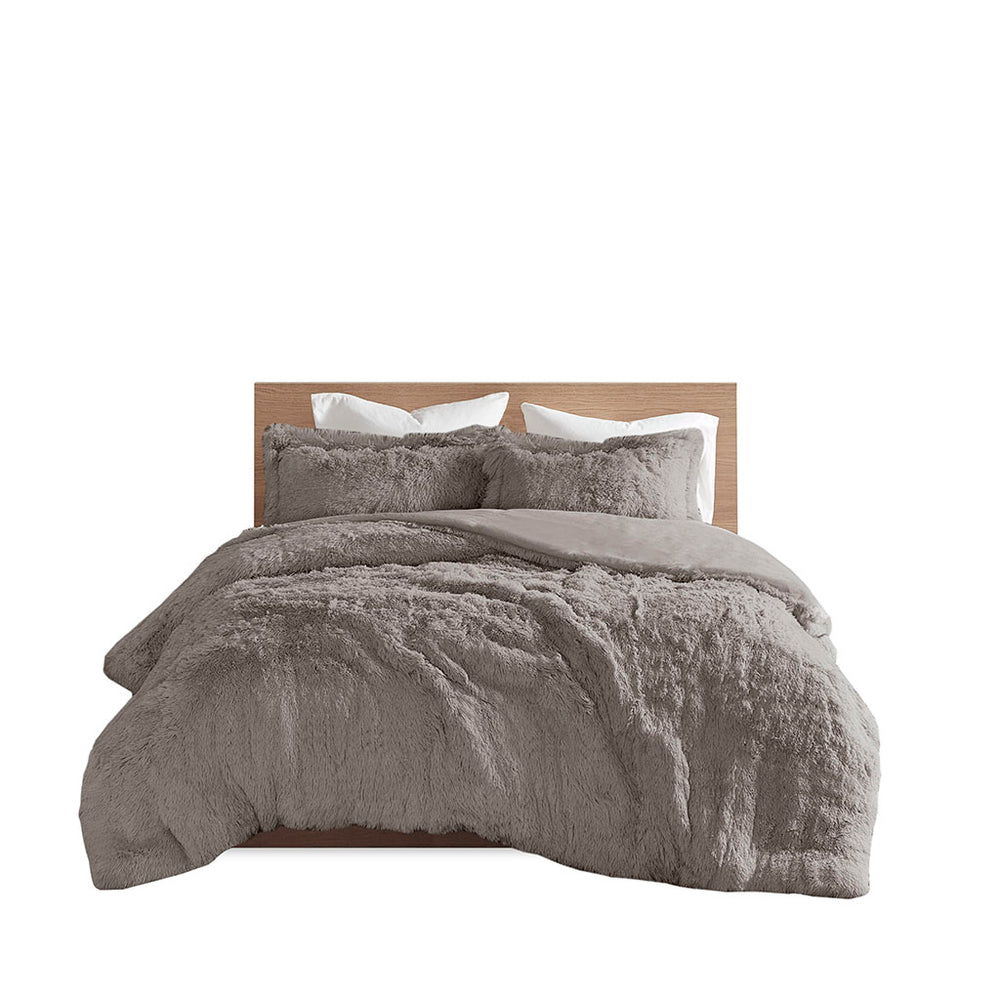 JLA Home Intelligent Design - Shaggy Faux Fur Duvet Cover Set with Plush Reverse, Hidden Zipper & Corner Ties for Cozy Luxury Grey ID12-1926