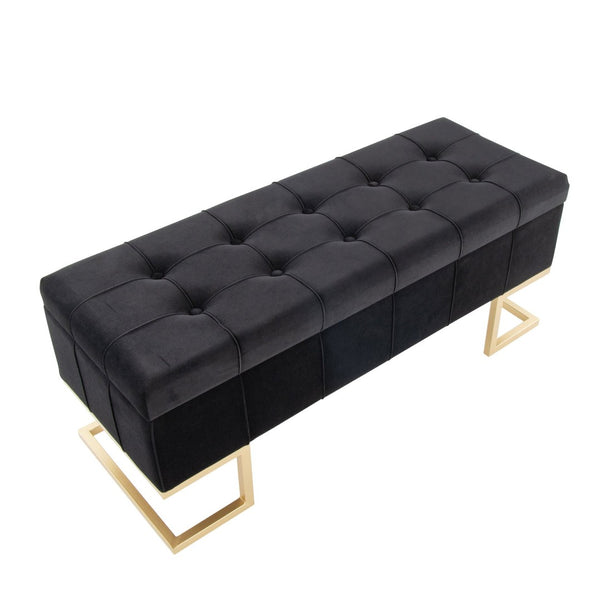 English Elm Storage Bench with Button Tufted Velvet Seat and Gold Tapered Legs for Bedroom B202P471510