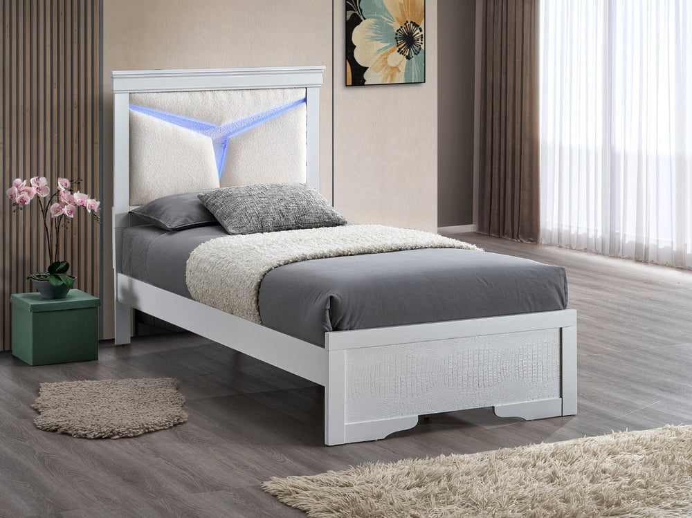 English Elm Lorana Plush Teddy Upholstered Twin Bed with Built-in Led Headboard for Kids Rooms White B078S00667