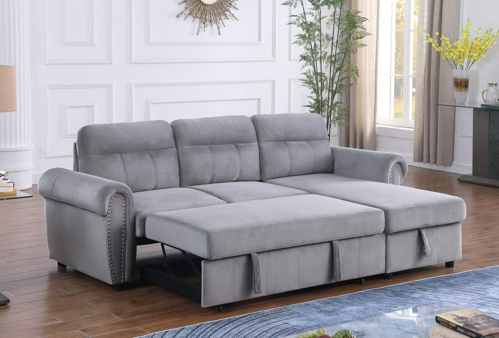 English Elm Ashton Gray Velvet Sleeper Sectional with Nailhead Trim and Reversible Storage Chaise B061S00198