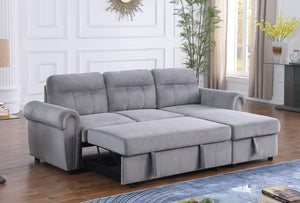 English Elm Ashton Gray Velvet Sleeper Sectional with Nailhead Trim and Reversible Storage Chaise B061S00198