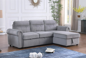 English Elm Ashton Gray Velvet Sleeper Sectional with Nailhead Trim and Reversible Storage Chaise B061S00198