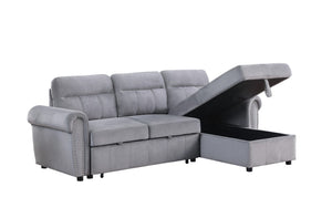 English Elm Ashton Gray Velvet Sleeper Sectional with Nailhead Trim and Reversible Storage Chaise B061S00198