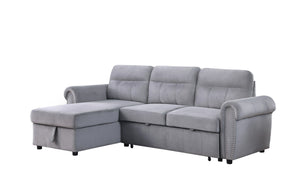 English Elm Ashton Gray Velvet Sleeper Sectional with Nailhead Trim and Reversible Storage Chaise B061S00198
