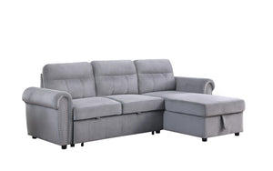 English Elm Ashton Gray Velvet Sleeper Sectional with Nailhead Trim and Reversible Storage Chaise B061S00198