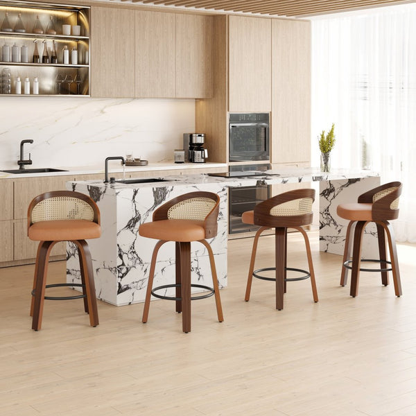 English Elm Swivel Counter Stools Set of 2 Rattan Back Pu Seat Mid Century Wood Frame Kitchen Yellow T3623P431183