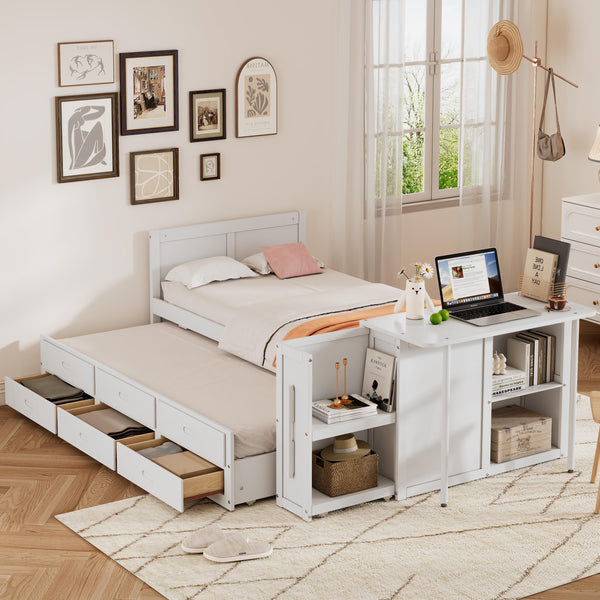 English Elm Twin Multifunctional Wood Platform Bed with Built-In Desk, Trundle & 3 Drawers for Small Spaces White 44.3 L x 23.1 W x 9 H N733S212832K