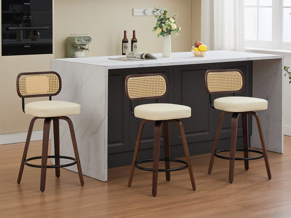 English Elm Set of 3 Rattan Counter Stools with Cane Back and Swivel, Upholstered PU Seat, Walnut Finish, Ergonomic Comfort Beige W1143P300158