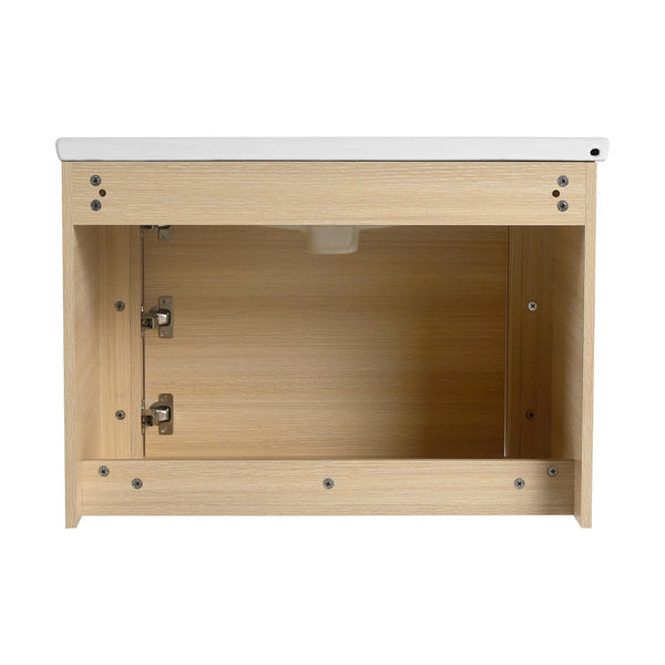 English Elm 68'' Wall-Mounted Vanity with White Ceramic Sink, Plywood Shelves, Soft-Close Door, Rounded Edge Design and Water-Resistant Melamine Finish W999S00484