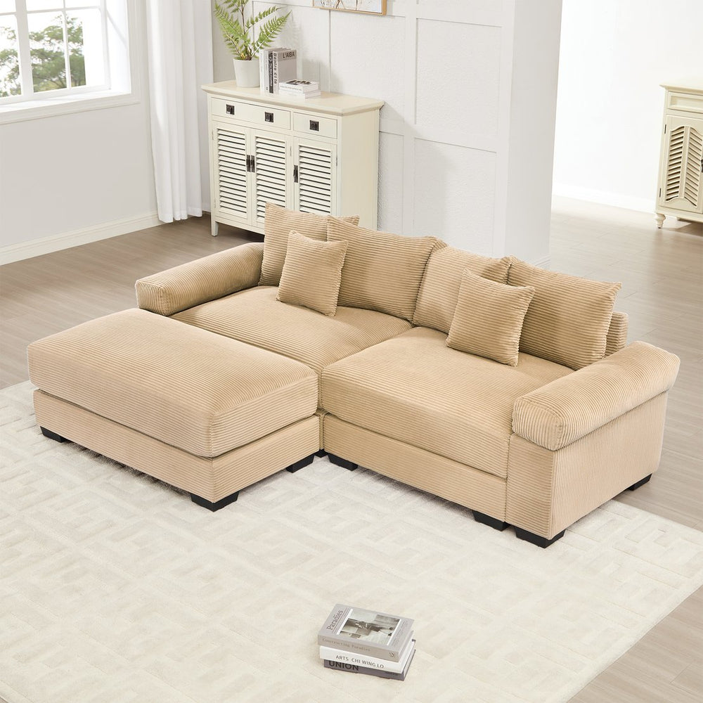 English Elm 92" Oversized Modular L-Shape Sectional Couch In Soft Camel Corduroy With Ottoman & 6 Pillows W714S01306