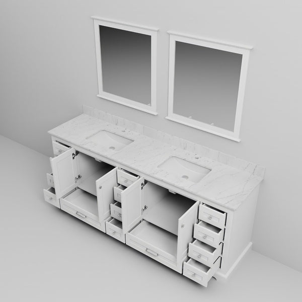 English Elm White Double Bath Vanity With Carrara Marble Top, Ample Storage, And Elegant Mirrors For Luxury Spaces B2731S00822-GIGA