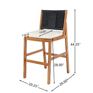 English Elm Outdoor Acacia Wood Barstools Set of 2 Wicker Back Patio Seating with Cushions Black,Cream,Teak N773P358719R