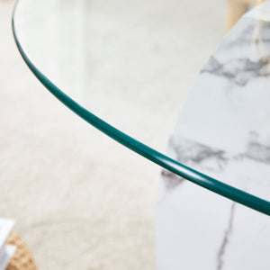 English Elm Contemporary Dual Tier Oval Glass Coffee Table with Marble and Wood Tone Base W1151P233589