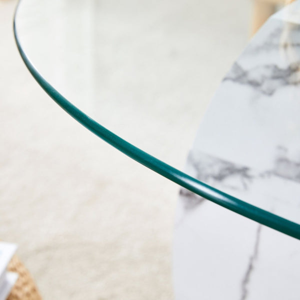 English Elm Contemporary Dual Tier Oval Glass Coffee Table with Marble and Wood Tone Base W1151P233589