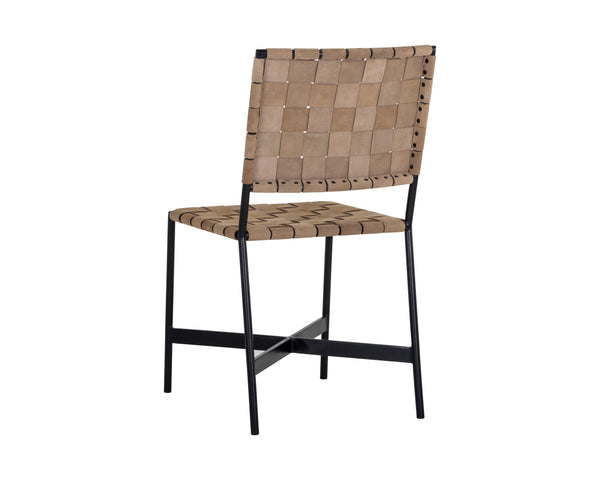 Sunpan Omari Dining Chair Set of 2 - Stylish Weaved Leather Seating with Durable Black Iron Frame Suede Light Tan Leather