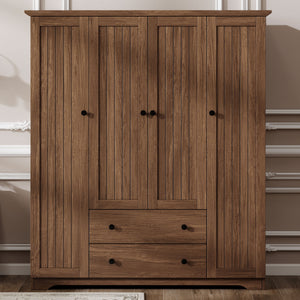 English Elm 4 Door Wardrobe Armoire Closet with 2 Drawers Rustic Pine & MDF Storage Cabinet with Shelves and Hanging Space Brown N7090001842D