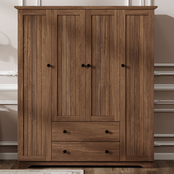 English Elm 4 Door Wardrobe Armoire Closet with 2 Drawers Rustic Pine & MDF Storage Cabinet with Shelves and Hanging Space Brown N7090001842D