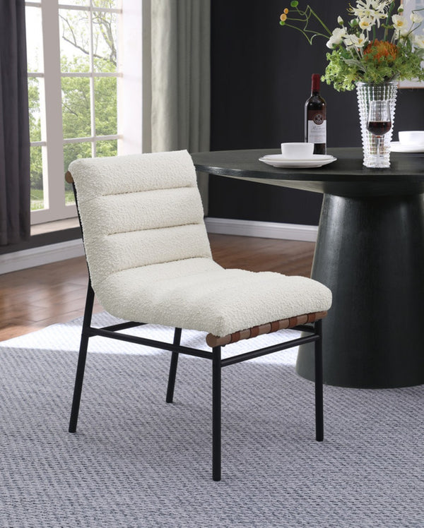English Elm Liana Boucle Upholstered Dining Chairs Set of 2 with Cognac Leather Accents Iron Legs White B2749P413191