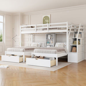 English Elm Twin Triple Bunk Bed White Pine Frame with Staircase Storage Drawers and Built Shelves GX000324AAK-1