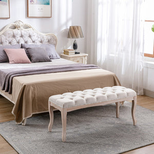 English Elm Bedroom Bench Tufted Linen Seat with Carved Distressed Wood Legs French Country Style Beige W3244P493647