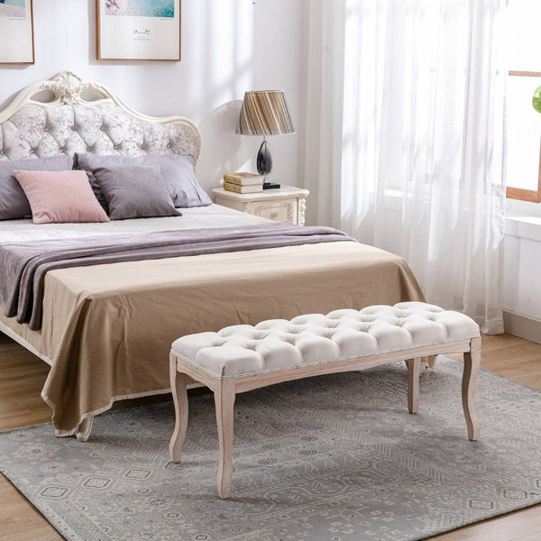English Elm Bedroom Bench Tufted Linen Seat with Carved Distressed Wood Legs French Country Style Beige W3244P493647