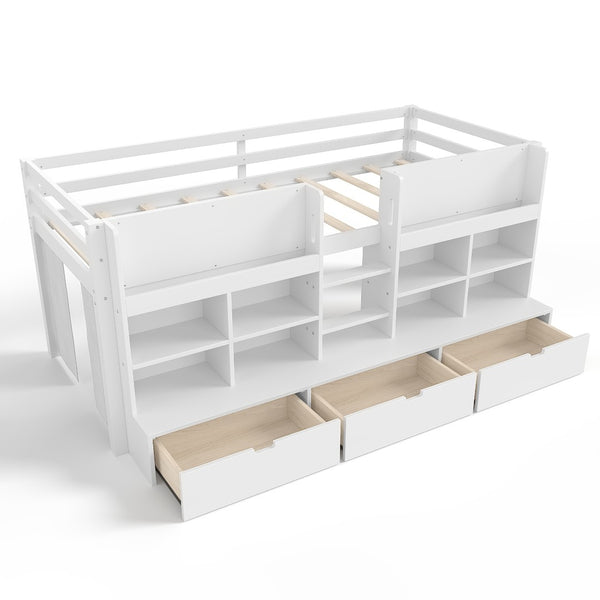 English Elm Twin Xl Low Loft Bed with Curtain Hideaway Chalkboard and Built-in Storage Shelves W1580S00399
