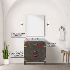 English Elm Brown Oak Single Sink Vanity Set With Carrara Marble Top, Chrome Faucet & 28" Mirror For Elegance B2731S02002