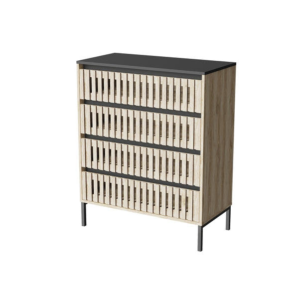 English Elm Fluted,4 Drawer Chest with Slatted Fronts — Large Capacity Freestanding Storage, Natural+Black Finish W2673P208644